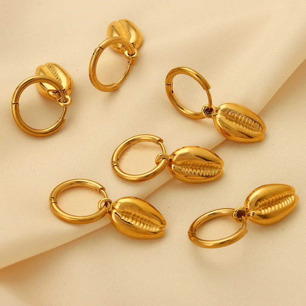 Wholesale Detachable Geometric Pendant Goldplated Titanium Steel Earrings For Women With Shell Conch Texture Design - Image 2