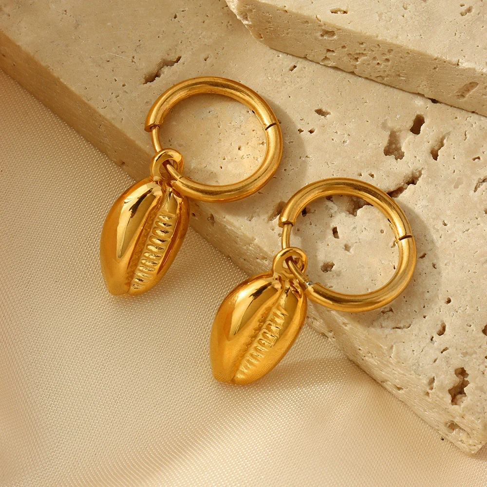 Wholesale Detachable Geometric Pendant Goldplated Titanium Steel Earrings For Women With Shell Conch Texture Design - Image 4
