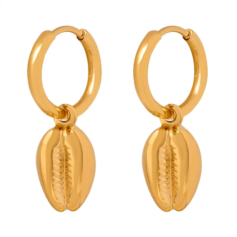 Wholesale Detachable Geometric Pendant Goldplated Titanium Steel Earrings For Women With Shell Conch Texture Design - Image 5