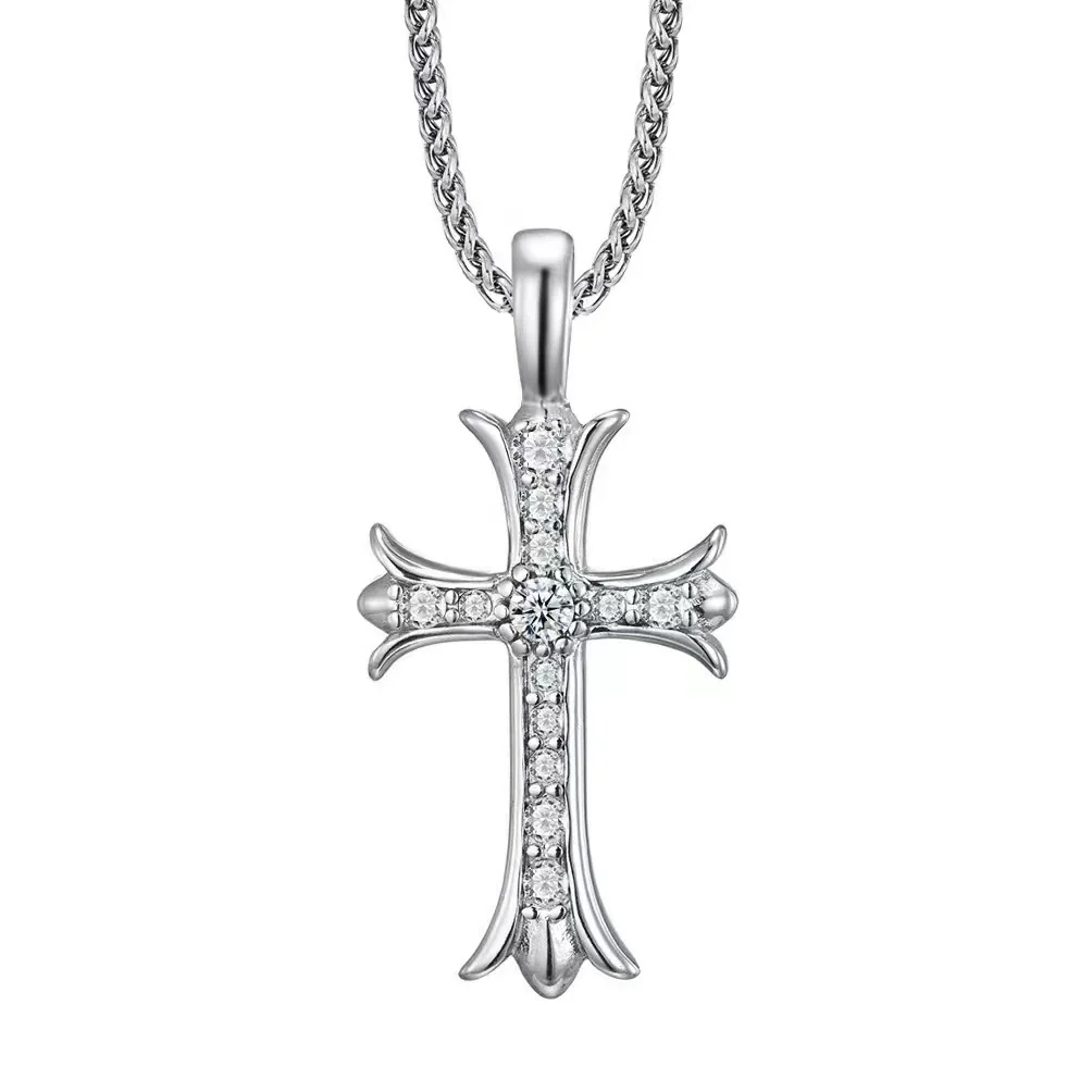 Wholesale Diamond Geometric Cross Pendant Necklace Made Of Titanium Steel And Pearl Chain For Unisex