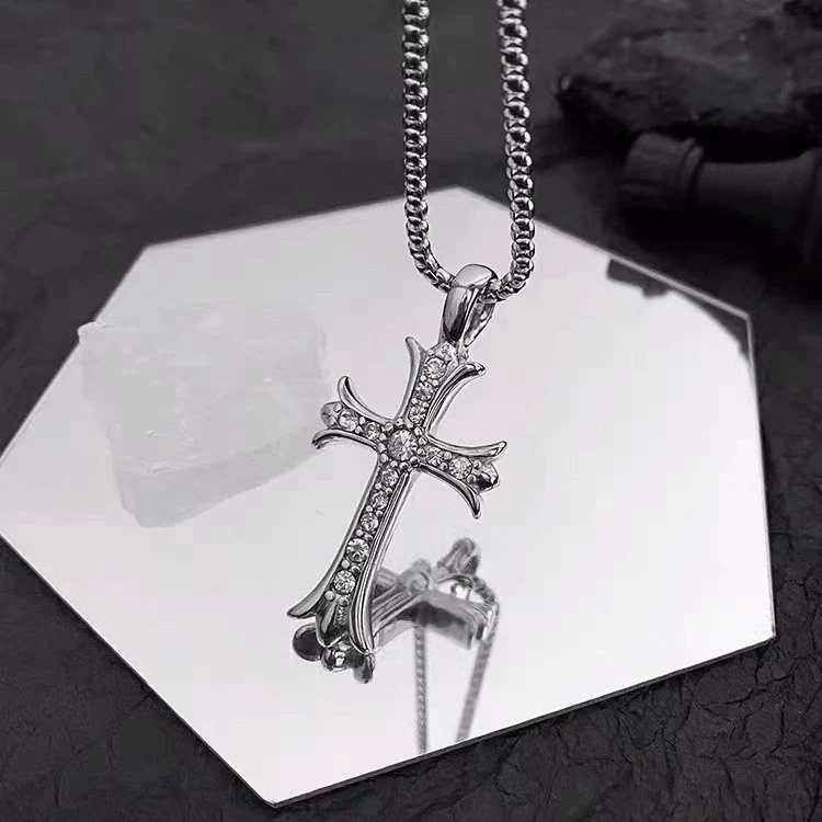 Wholesale Diamond Geometric Cross Pendant Necklace Made Of Titanium Steel And Pearl Chain For Unisex - Image 2