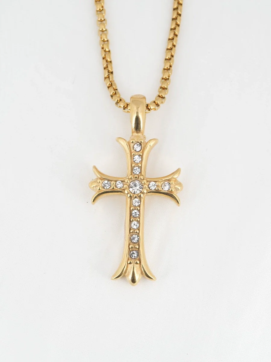 Wholesale Diamond Geometric Cross Pendant Necklace Made Of Titanium Steel And Pearl Chain For Unisex - Image 9