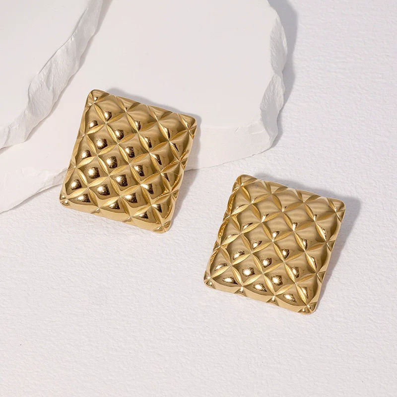 Wholesale Diamond Geometric Pattern 18K Real Gold Electroplated Stainless Steel Earrings For Women - Image 4