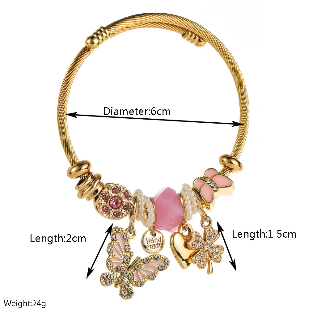 Wholesale Diamondencrusted Adjustable Bracelet With Butterfly Heart Fourleaf Clover Shape For Unisex Made Of Alloy - Image 2