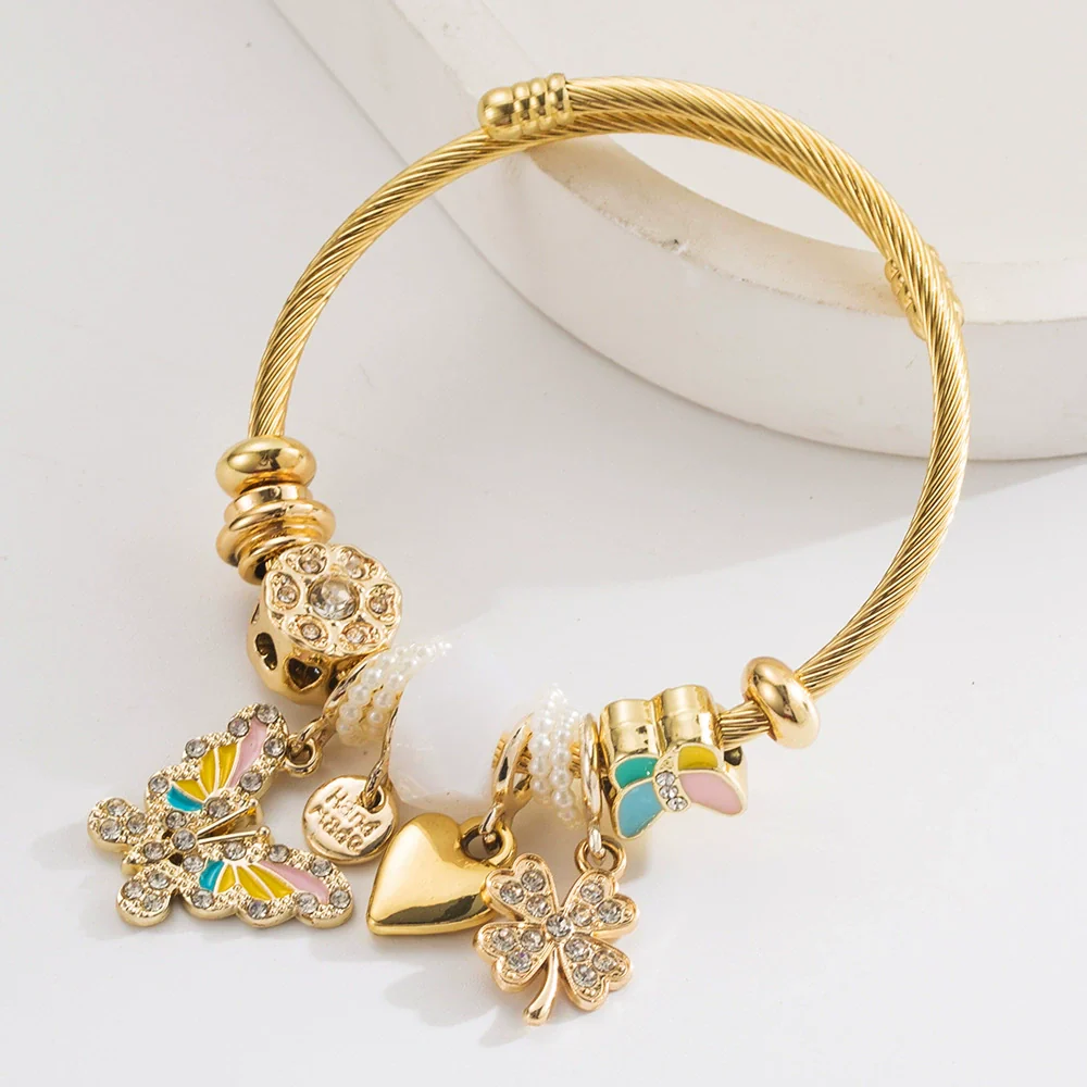 Wholesale Diamondencrusted Adjustable Bracelet With Butterfly Heart Fourleaf Clover Shape For Unisex Made Of Alloy - Image 4