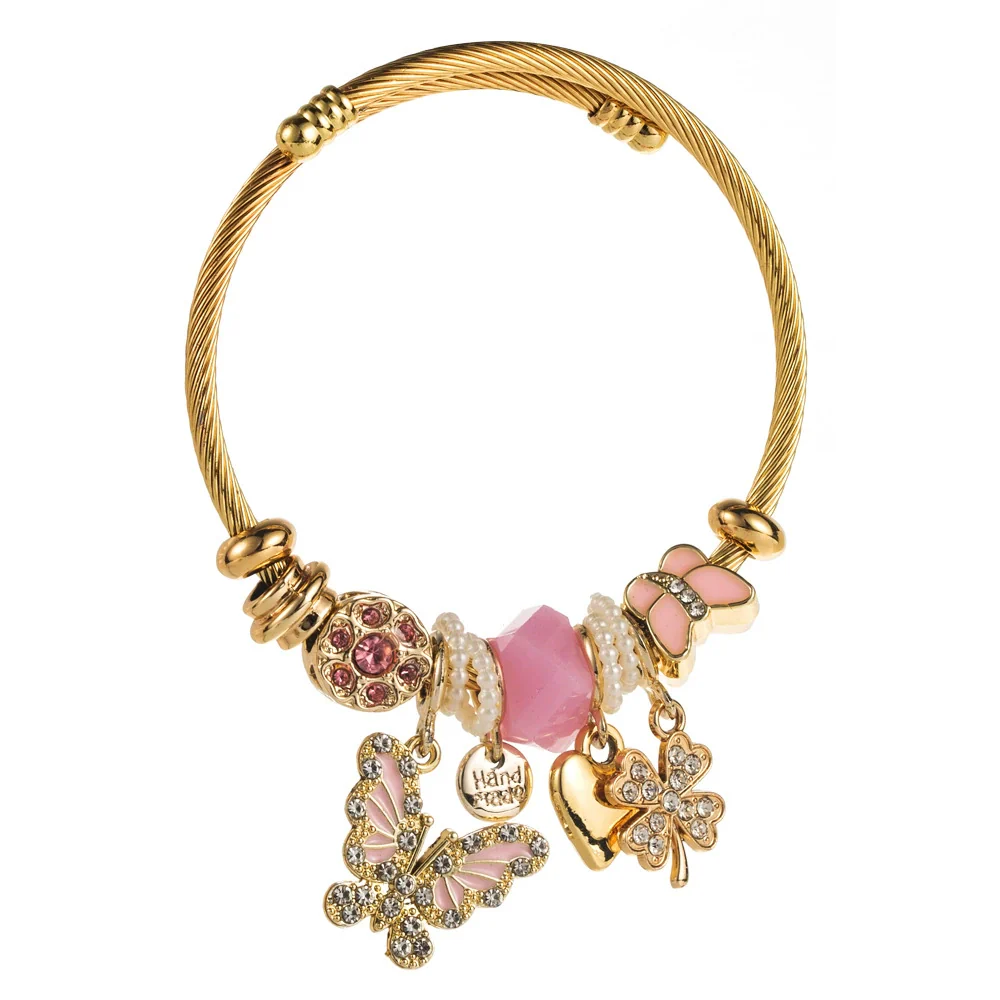 Wholesale Diamondencrusted Adjustable Bracelet With Butterfly Heart Fourleaf Clover Shape For Unisex Made Of Alloy - Image 5