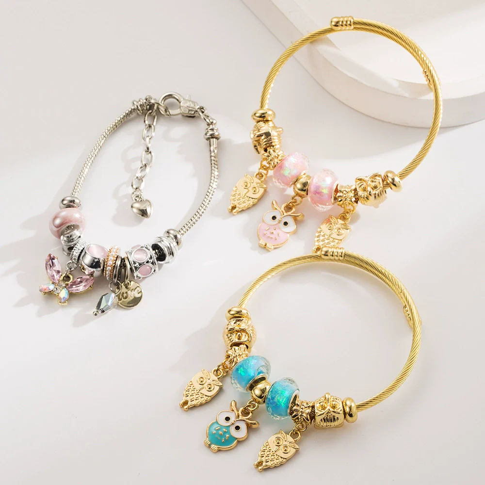 Wholesale Diy Adjustable Open Versatile Couple Alloy Bracelet With Butterfly And Diamond Owl Pendant Set With Diamonds For Women Fashion Geometric Style