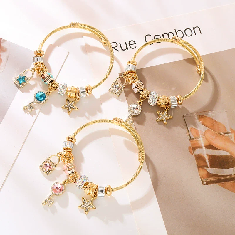 Wholesale Diy Beaded Adjustable Bracelet With Star Key Diamond Pendant For Women Fashion Alloy