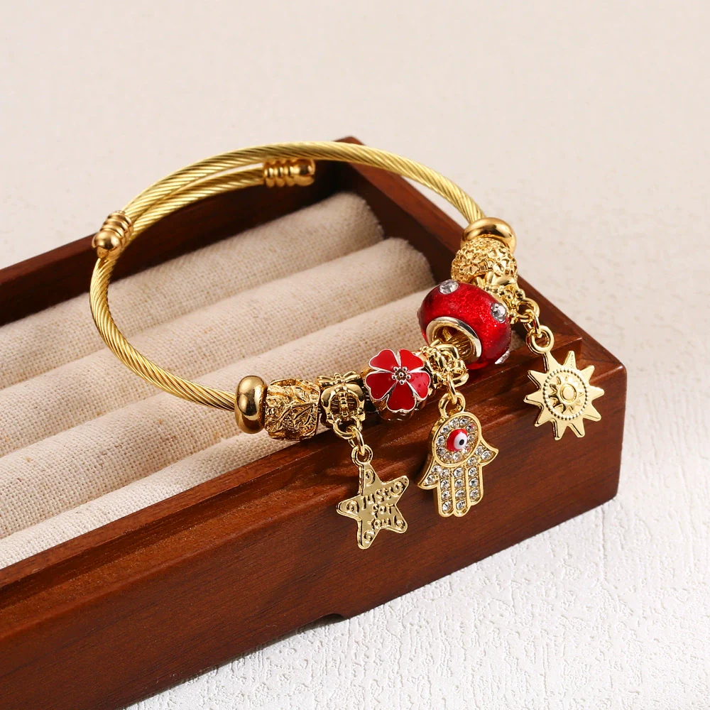 Wholesale Diy Beaded Bracelet With Palm Sun Pendant Stainless Steel Alloy Rhinestone Diamond Design Women's Adjustable Couple Bracelet - Image 2