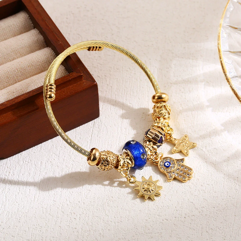 Wholesale Diy Beaded Bracelet With Palm Sun Pendant Stainless Steel Alloy Rhinestone Diamond Design Women's Adjustable Couple Bracelet - Image 3