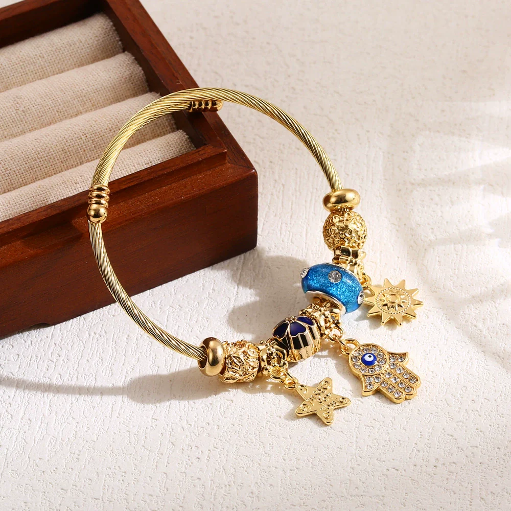 Wholesale Diy Beaded Bracelet With Palm Sun Pendant Stainless Steel Alloy Rhinestone Diamond Design Women's Adjustable Couple Bracelet - Image 4