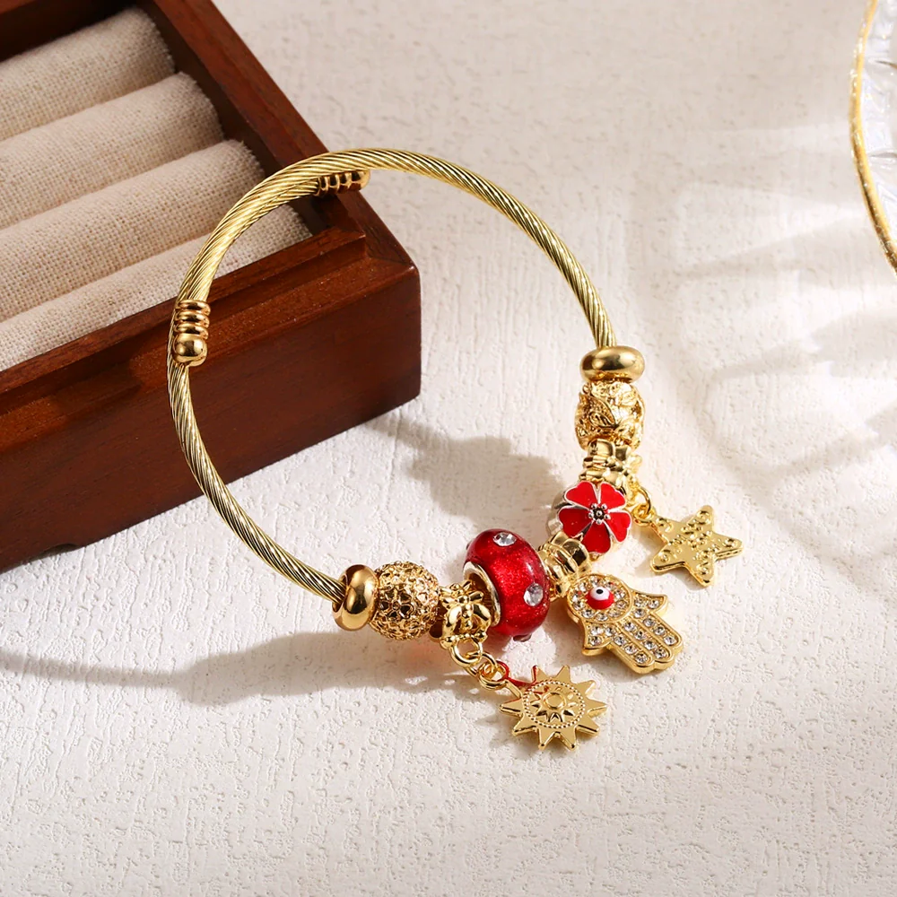 Wholesale Diy Beaded Bracelet With Palm Sun Pendant Stainless Steel Alloy Rhinestone Diamond Design Women's Adjustable Couple Bracelet - Image 6
