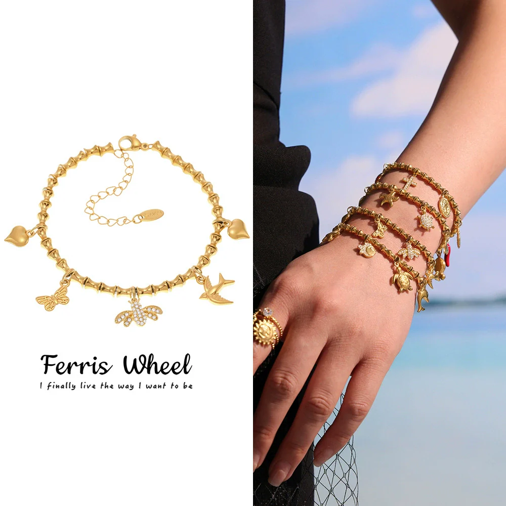 Wholesale Diy Ferris Wheel Zircon Oil Drop Geometric Stainless Steel Electroplated Bracelet And Anklet Set For Women