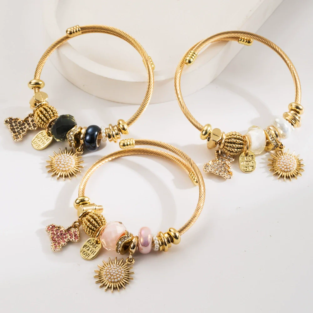 Wholesale Diy Geometric Diamond Titanium Steel Beaded Bracelet With Bear And Sun Pendants Unisex Fashion Adjustable