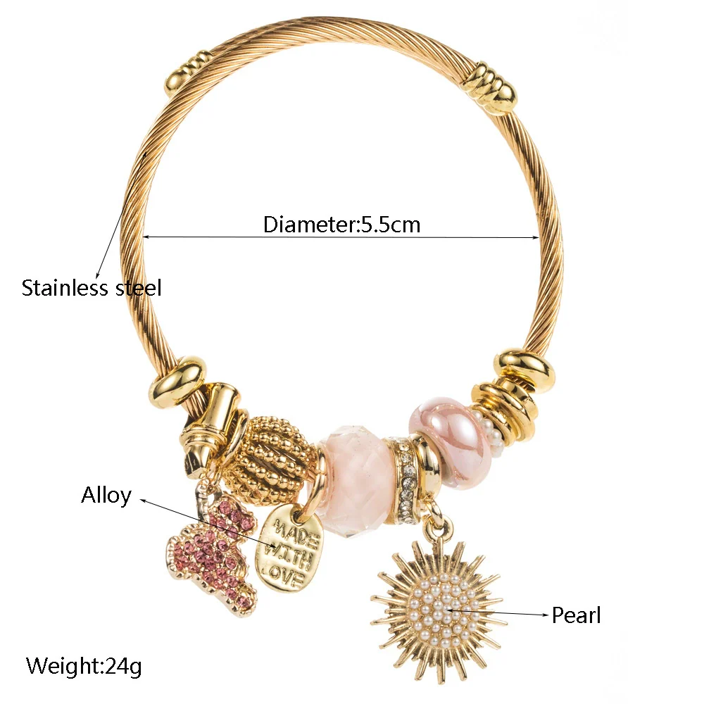 Wholesale Diy Geometric Diamond Titanium Steel Beaded Bracelet With Bear And Sun Pendants Unisex Fashion Adjustable - Image 2