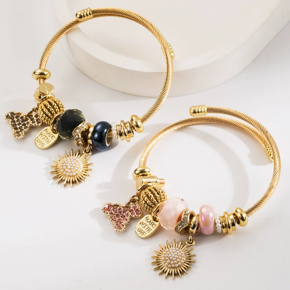 Wholesale Diy Geometric Diamond Titanium Steel Beaded Bracelet With Bear And Sun Pendants Unisex Fashion Adjustable - Image 3