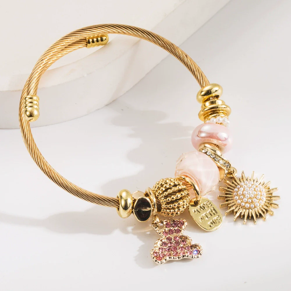 Wholesale Diy Geometric Diamond Titanium Steel Beaded Bracelet With Bear And Sun Pendants Unisex Fashion Adjustable - Image 4