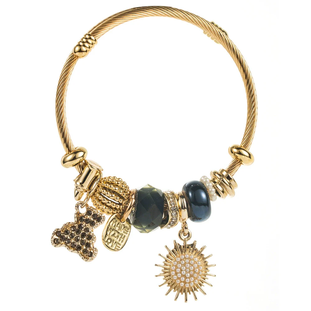 Wholesale Diy Geometric Diamond Titanium Steel Beaded Bracelet With Bear And Sun Pendants Unisex Fashion Adjustable - Image 7