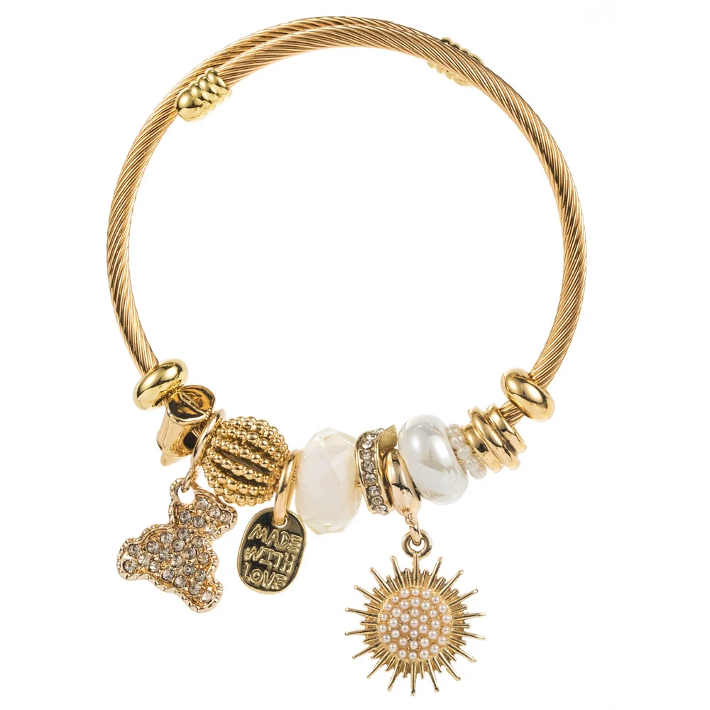 Wholesale Diy Geometric Diamond Titanium Steel Beaded Bracelet With Bear And Sun Pendants Unisex Fashion Adjustable - Image 8