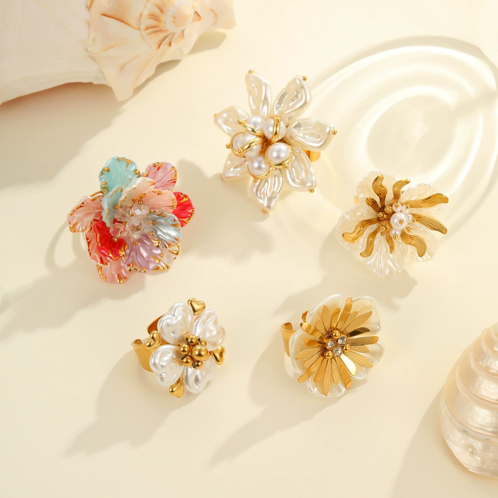 Wholesale Dopamine Colorful Geometric Flower Imitation Pearl Electroplated Stainless Steel Ring For Women - Image 2