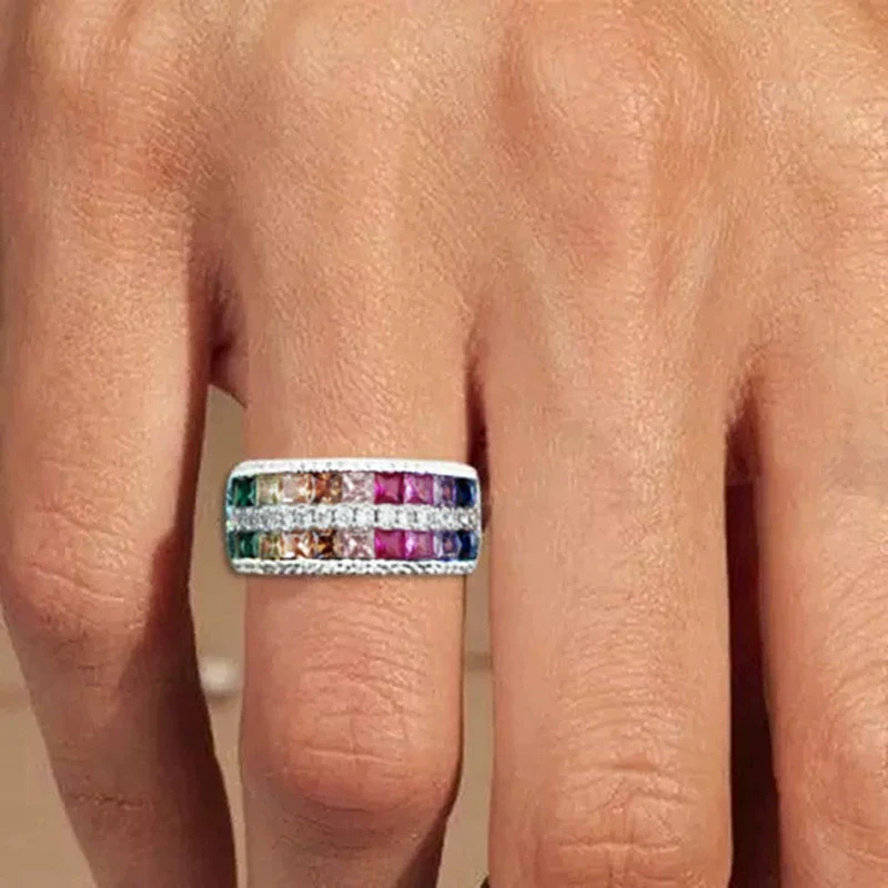 Wholesale Dopamine Rainbow Geometric Zircon Copper Ring For Women Fairy Style Jewelry - Image 2