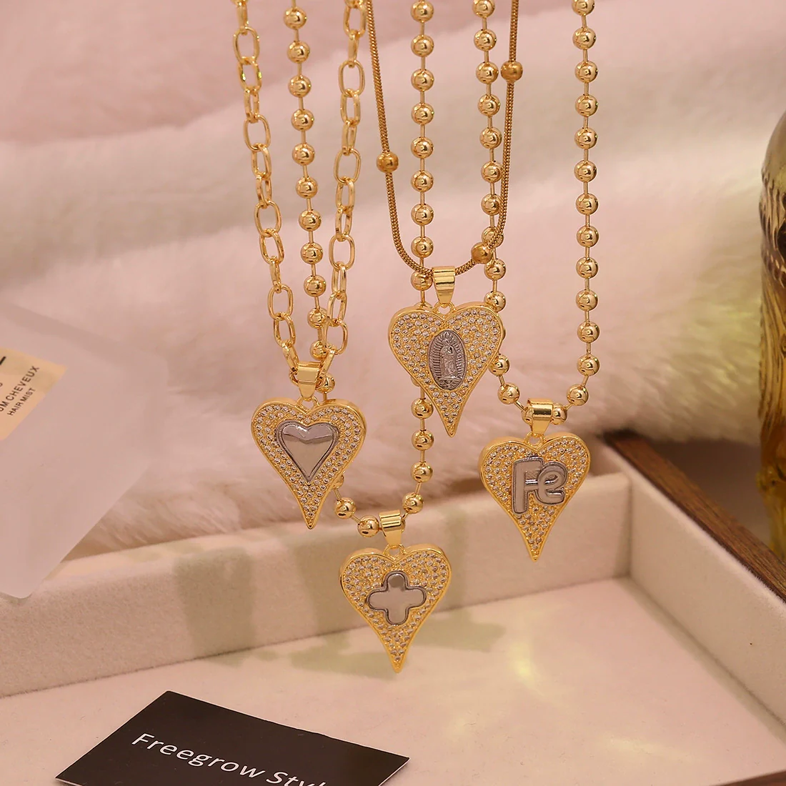 Wholesale Double Color Love Cross Heart Shape Copper Microinlaid Zircon Pendant Necklace Accessories