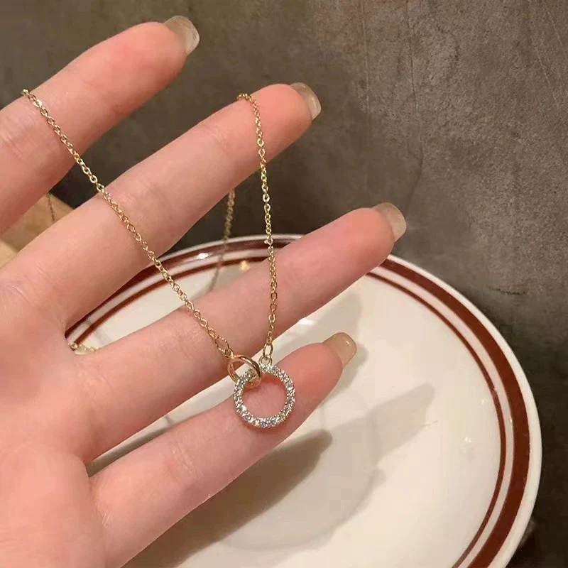 Wholesale Double Ring Necklace 925 Sterling Silver Geometric Interlocking 14K Gold Plated Ochain For Women