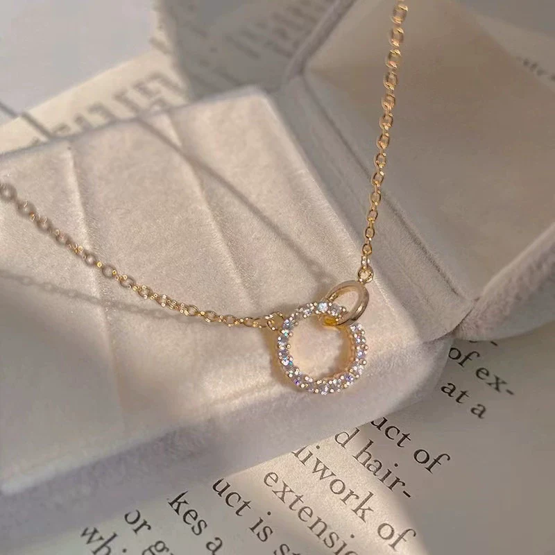 Wholesale Double Ring Necklace 925 Sterling Silver Geometric Interlocking 14K Gold Plated Ochain For Women - Image 6