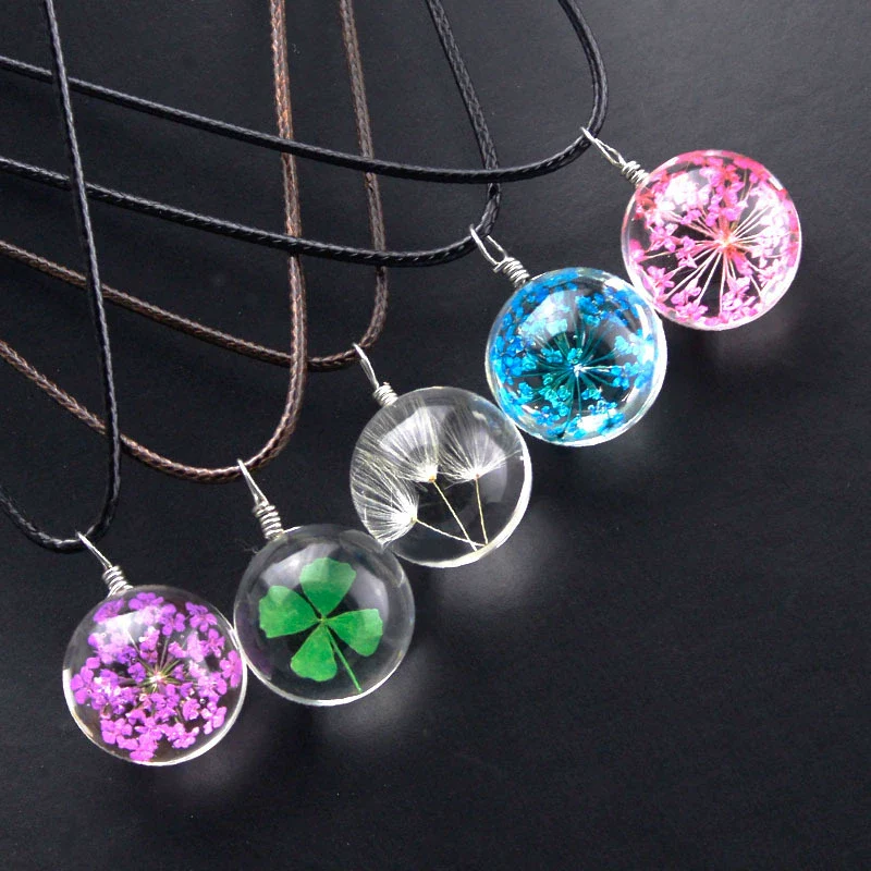 Wholesale Dried Flower Necklace Pendant With Geometric Pattern Glass And Colored Glaze In Plants And Flowers Style