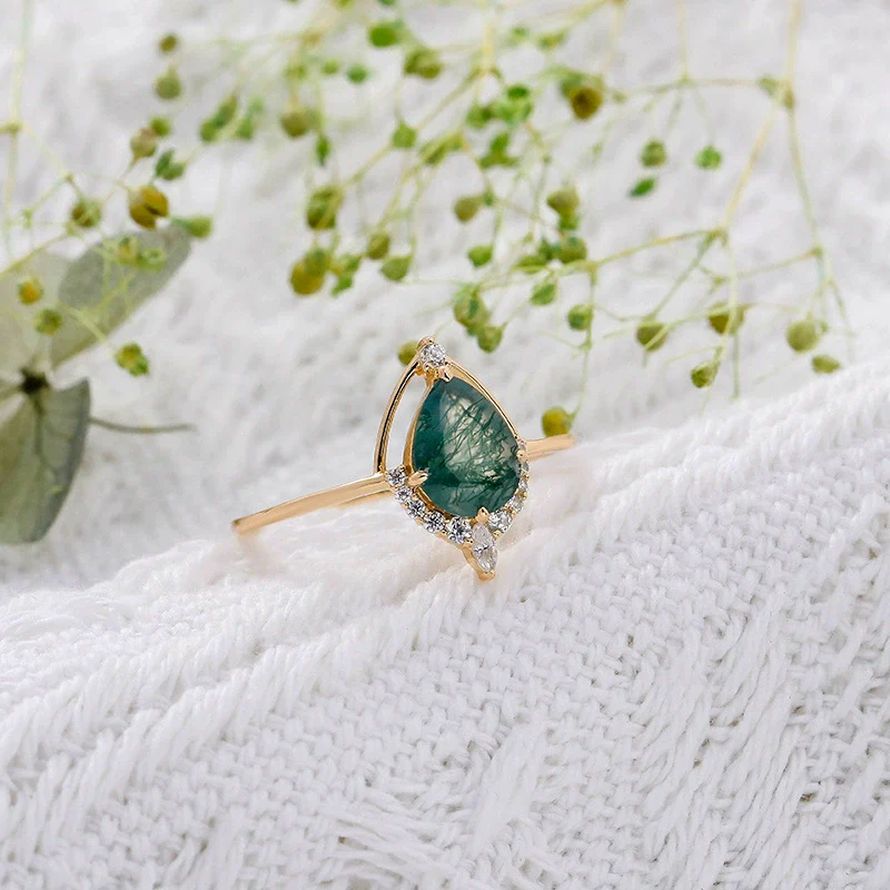 Wholesale Dropshaped 925 Silver 14K Gold Plated Water Grass Agate Ring Set With Precious Stones For Women French Retro Style - Image 2