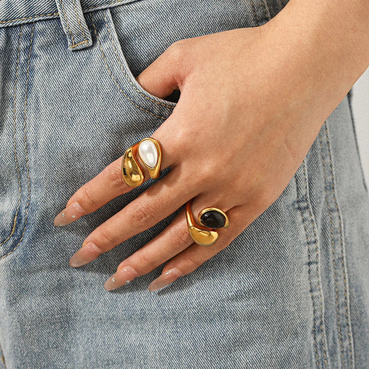 Wholesale Dropshaped Stainless Steel Ring Inlaid With Tiger Eye Stone Minimalist Style Women's Jewelry