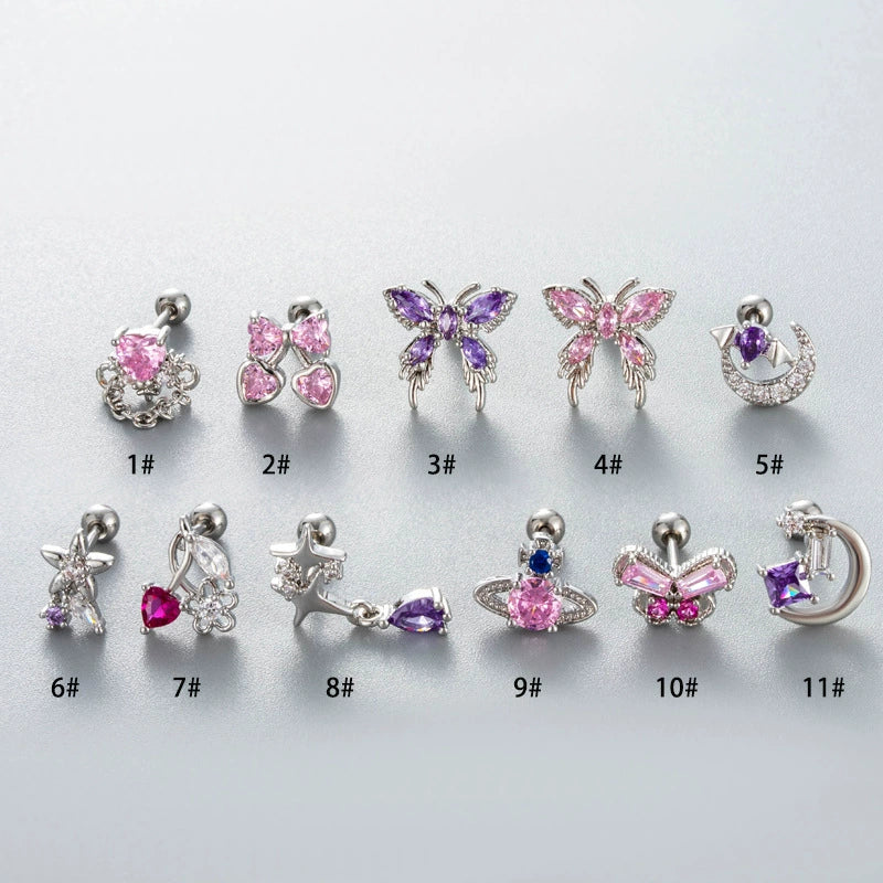 Wholesale Ear Bone Nail Copper Inlaid Zircon Stainless Steel Princess Style Heart Pattern Electroplated For Women