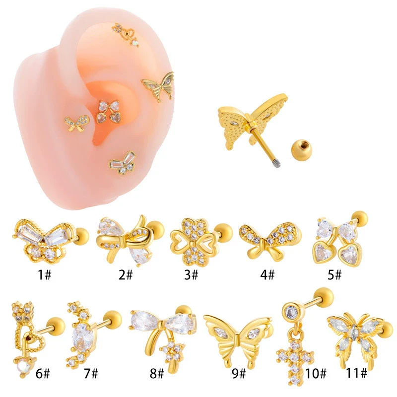 Wholesale Ear Bone Nail Stainless Steel Copper Inlaid Zircon Girlish Butterfly Bow Heart Pattern Electroplated - Image 2