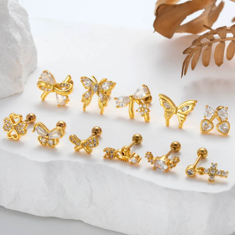 Wholesale Ear Bone Nail Stainless Steel Copper Inlaid Zircon Girlish Butterfly Bow Heart Pattern Electroplated - Image 3