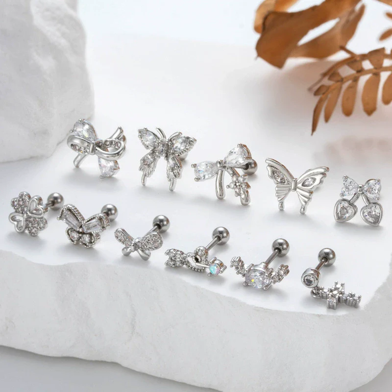 Wholesale Ear Bone Nail Stainless Steel Copper Inlaid Zircon Girlish Butterfly Bow Heart Pattern Electroplated - Image 4