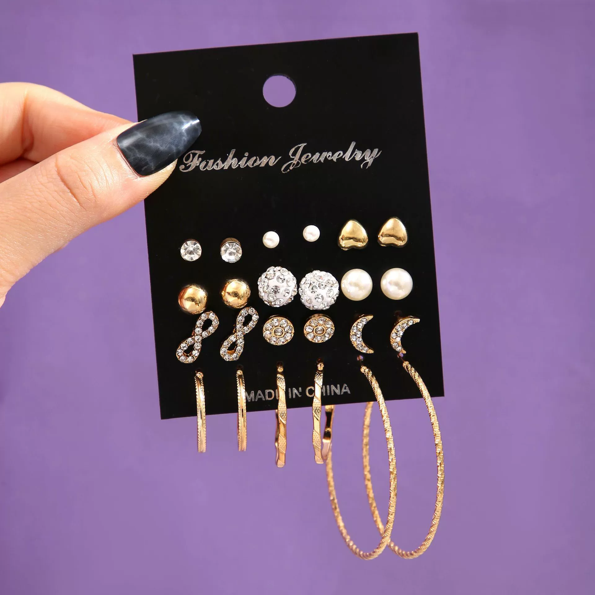 Wholesale Earrings Alloy Retro Exaggerated Geometric Inlaid Diamond Hoop Earrings Set