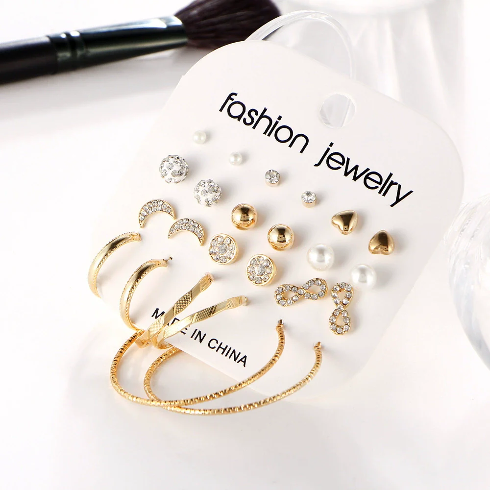 Wholesale Earrings Alloy Retro Exaggerated Geometric Inlaid Diamond Hoop Earrings Set - Image 3