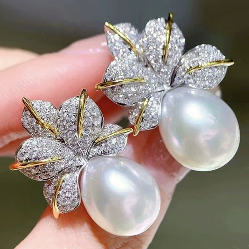 Wholesale Earrings Copper Imitation Pearl Light Luxury Geometric Leaves Inlaid Zircon