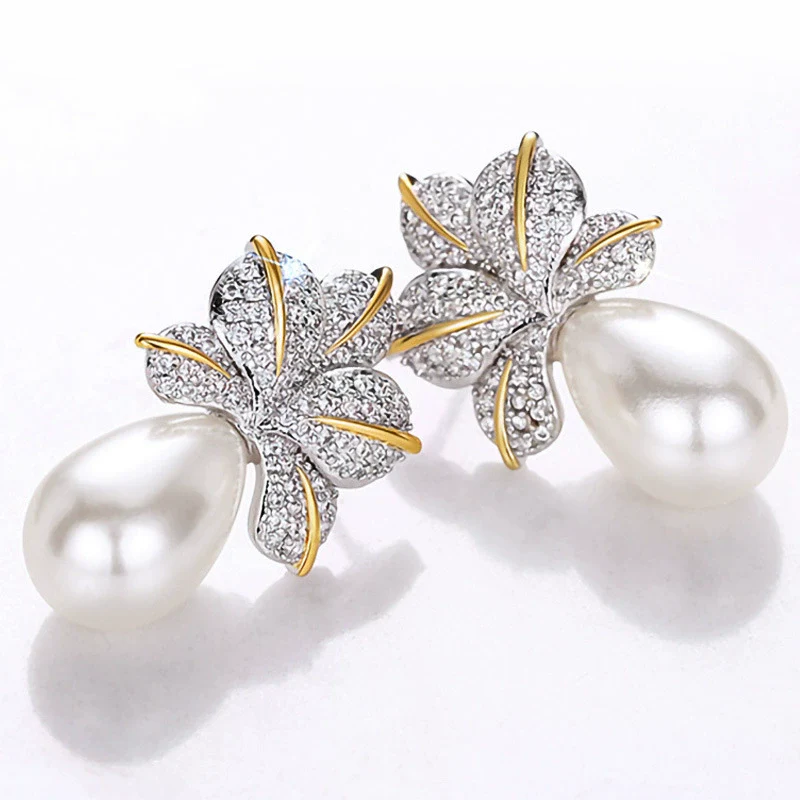 Wholesale Earrings Copper Imitation Pearl Light Luxury Geometric Leaves Inlaid Zircon - Image 2