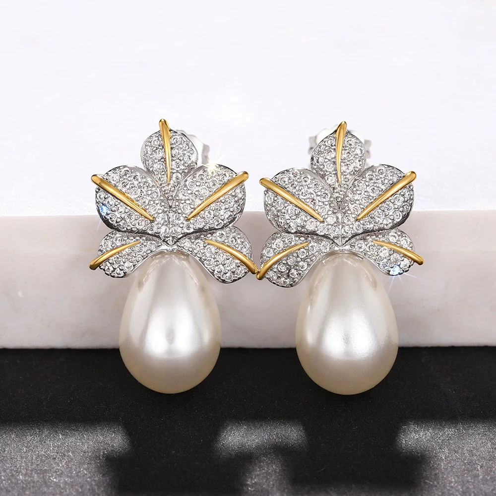 Wholesale Earrings Copper Imitation Pearl Light Luxury Geometric Leaves Inlaid Zircon - Image 3