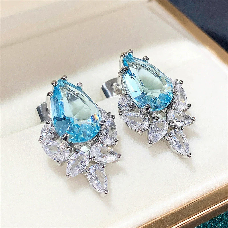 Wholesale Earrings Copper Pink Diamond Water Drops Pearshaped Ice Flower Zircon