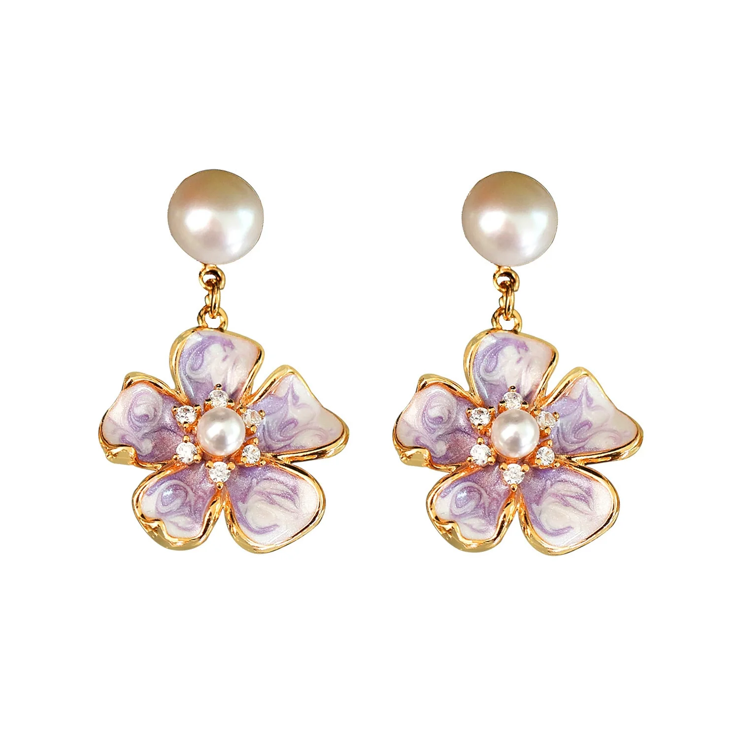 Wholesale Earrings Copper Retro Purple Enamel Drip Glaze Geometric Natural Freshwater Pearl Electroplating For Women - Image 5