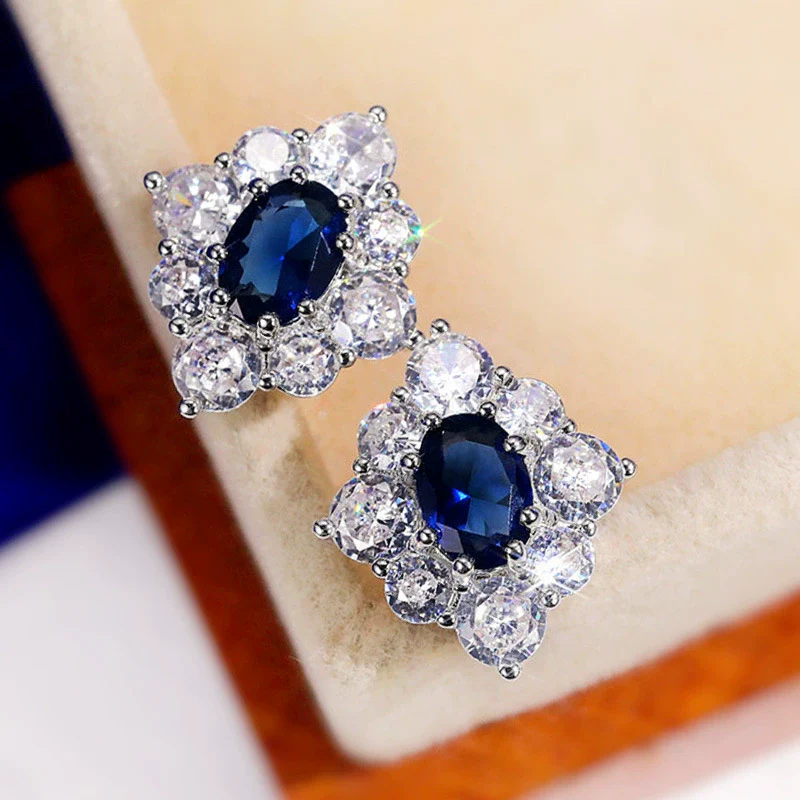 Wholesale Earrings Copper Vintage Royal Blue Zircon Flower Shape