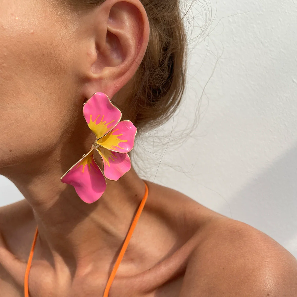 Wholesale Earrings Metal Geometric Flower Dripping Oil Pink Petal Women's - Image 2