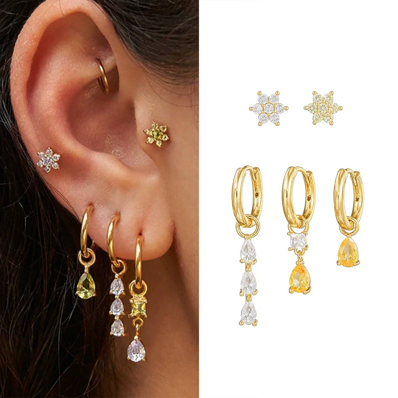 Wholesale Earrings Set Copper Geometric Zirconia Water Drop Hexagonal Design Women's