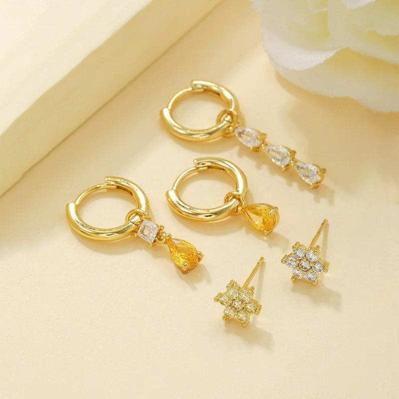 Wholesale Earrings Set Copper Geometric Zirconia Water Drop Hexagonal Design Women's - Image 2