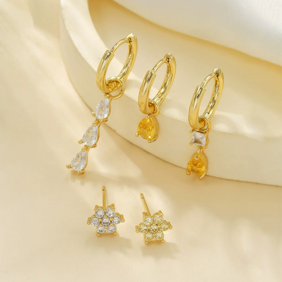 Wholesale Earrings Set Copper Geometric Zirconia Water Drop Hexagonal Design Women's - Image 3