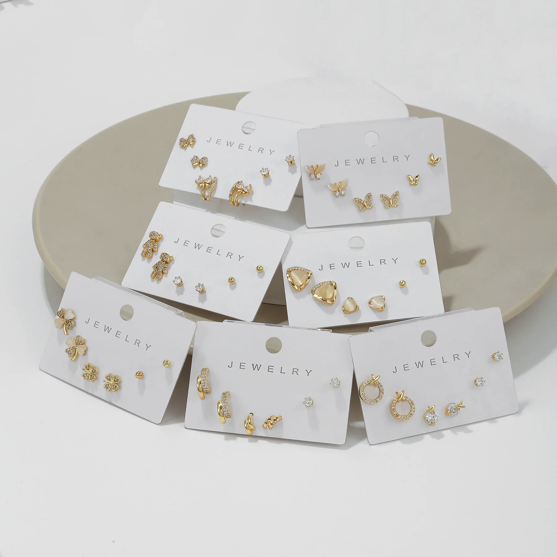 Wholesale Earrings Set S925 Sterling Silver And Copper Bear Four Leaf Clover Bow Heart Shaped Inlaid Zircon Geometric Style - Image 3