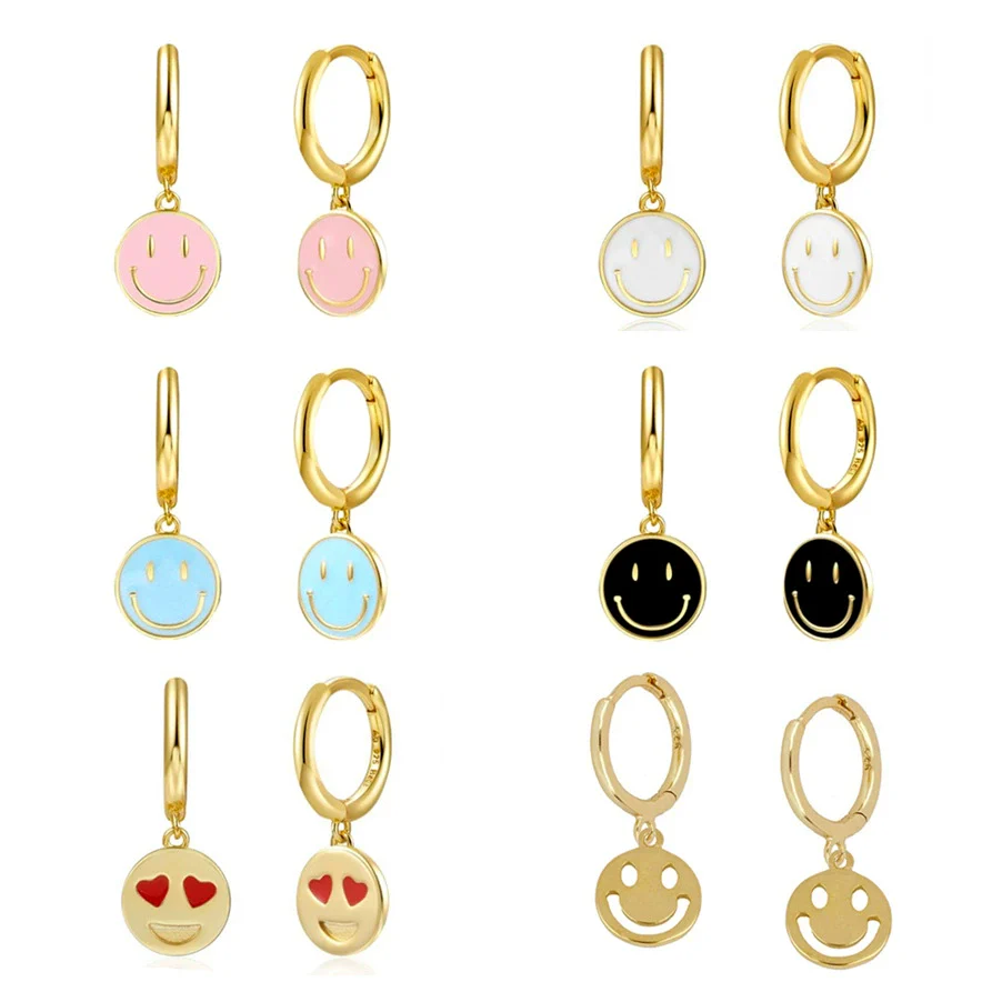 Wholesale Earrings Silver Needle Copper Geometric Dripping Oil Smiley Face For Women
