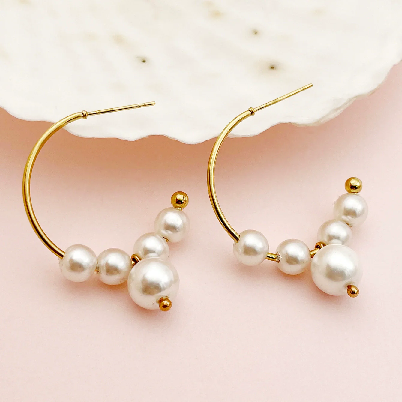 Wholesale Earrings Stainless Steel 14K Gold Plated Pearl Geometric C Shaped